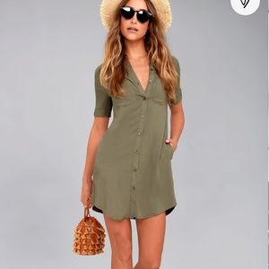 Lulu's Oxford Comma Olive Green Shirt Dress